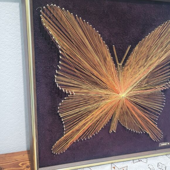 VTG MCM 3D Butterfly String Art 18.5x18.5” Copper Colored Thread Brown Velvet - Picture 4 of 14